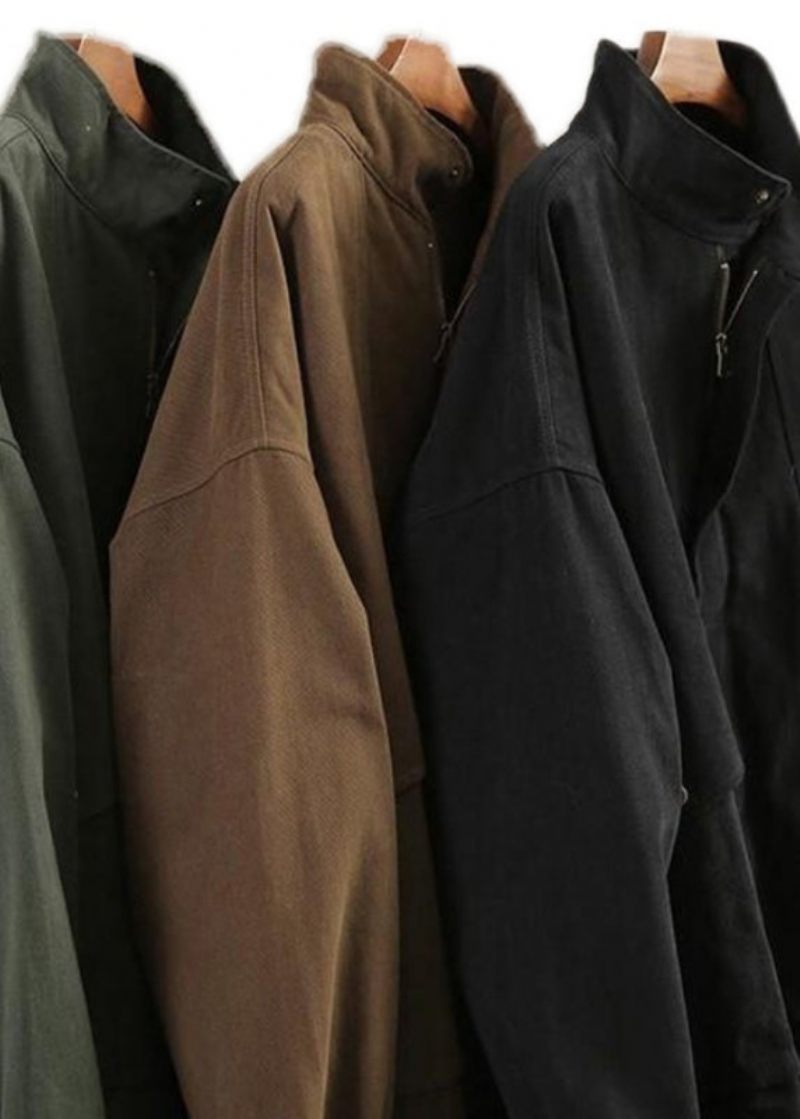 Casual Grøn Peter Pan Krave Lynlås Lommer Trench Coats Bomuld Lange Ærmer - Grøn