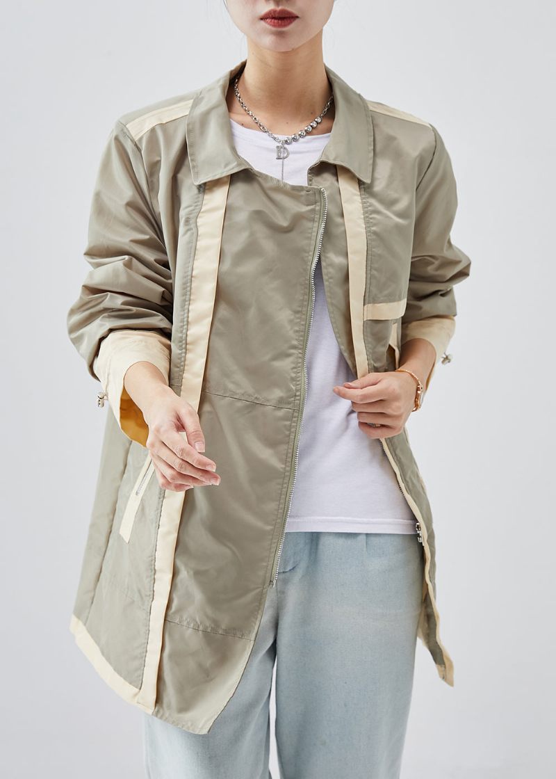 Casual Lysegrøn Zip Up Patchwork Bomuld Trench Spring