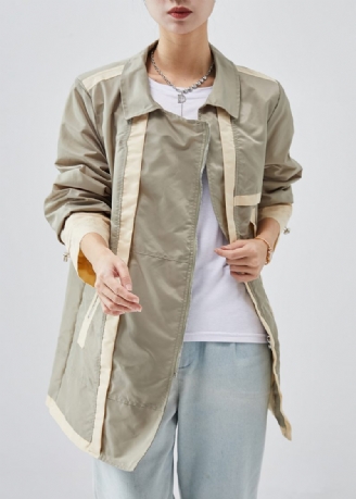 Casual Lysegrøn Zip Up Patchwork Bomuld Trench Spring