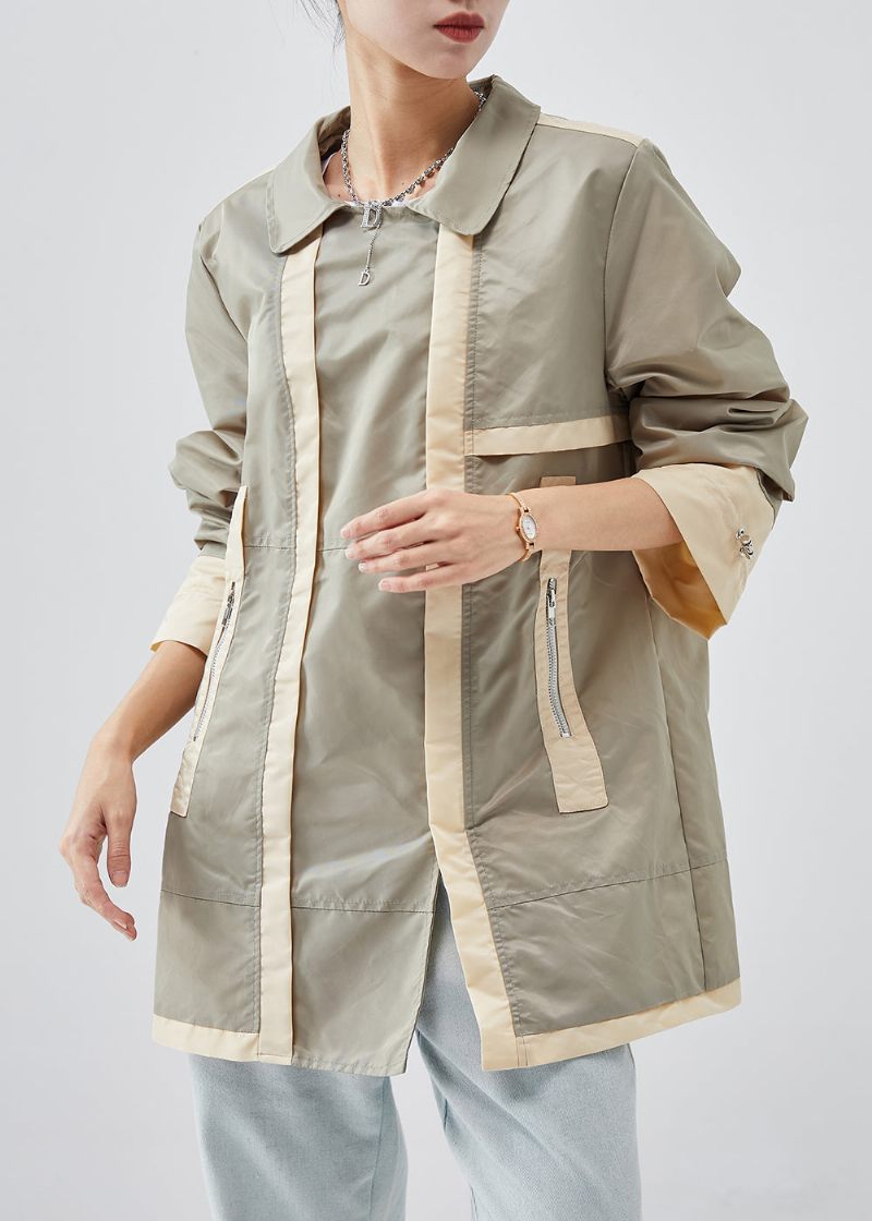 Casual Lysegrøn Zip Up Patchwork Bomuld Trench Spring - Dame trenchcoats