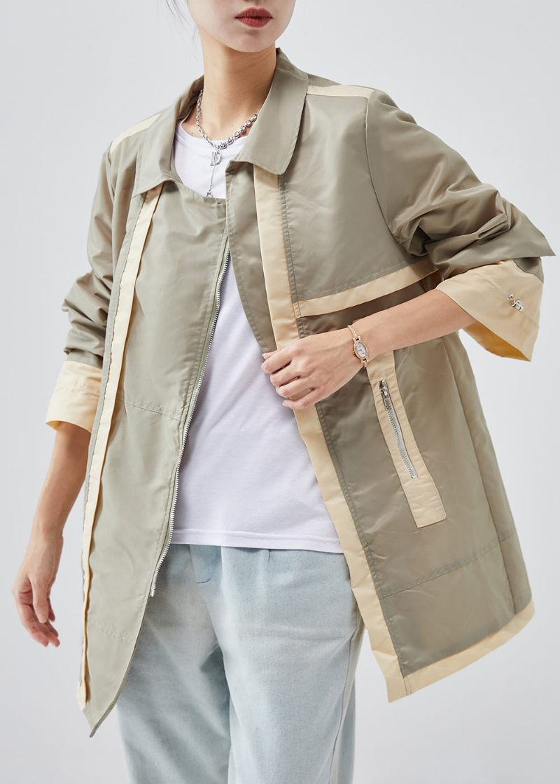 Casual Lysegrøn Zip Up Patchwork Bomuld Trench Spring - Dame trenchcoats