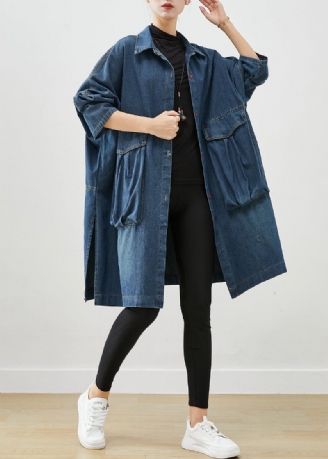 Casual Navy Overdimensionerede Store Lommer Denim Trench Fall