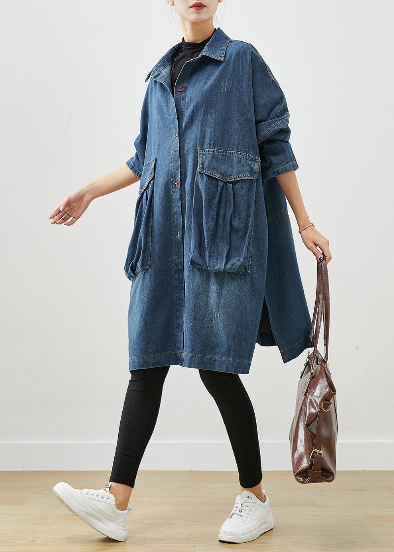 Casual Navy Overdimensionerede Store Lommer Denim Trench Fall - Dame trenchcoats