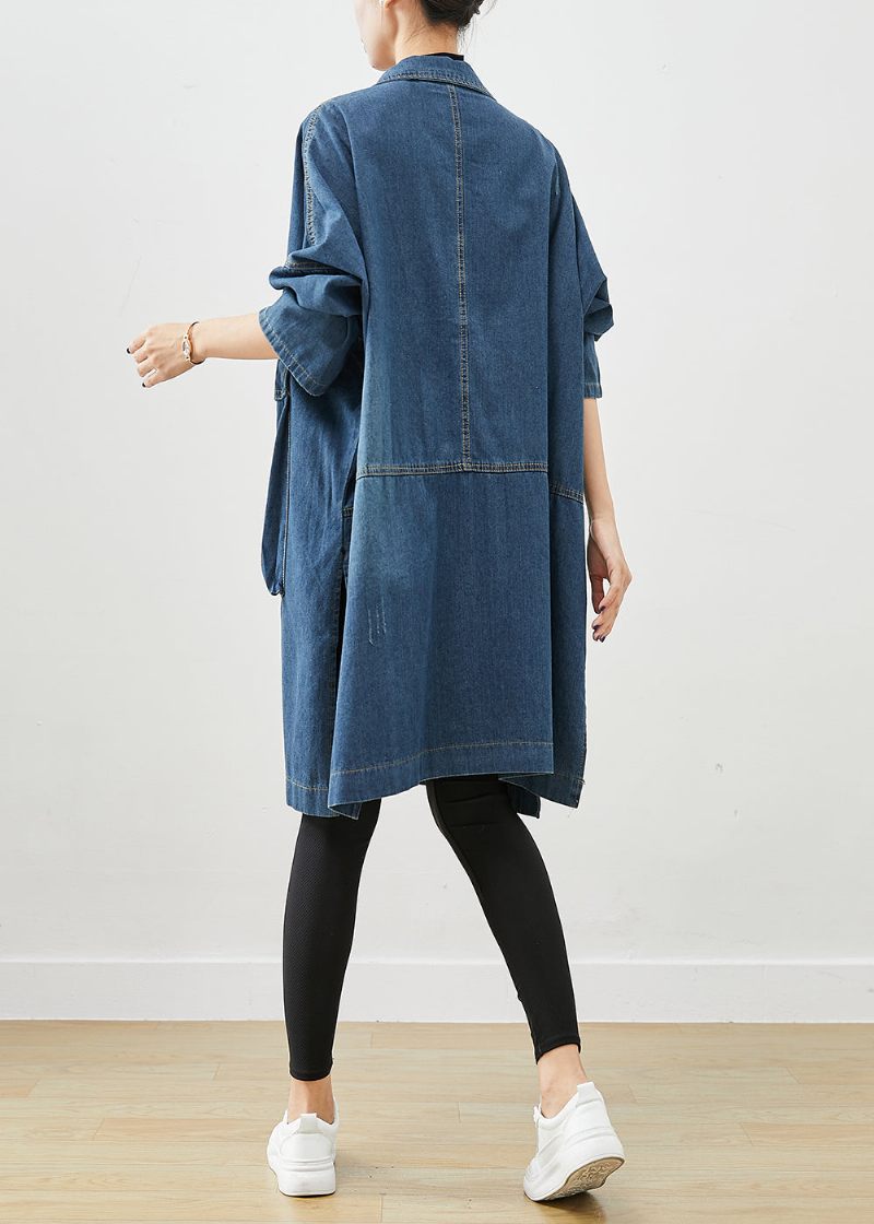 Casual Navy Overdimensionerede Store Lommer Denim Trench Fall - Dame trenchcoats