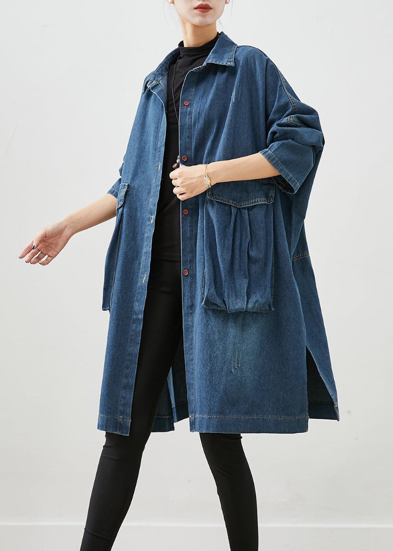 Casual Navy Overdimensionerede Store Lommer Denim Trench Fall - Dame trenchcoats