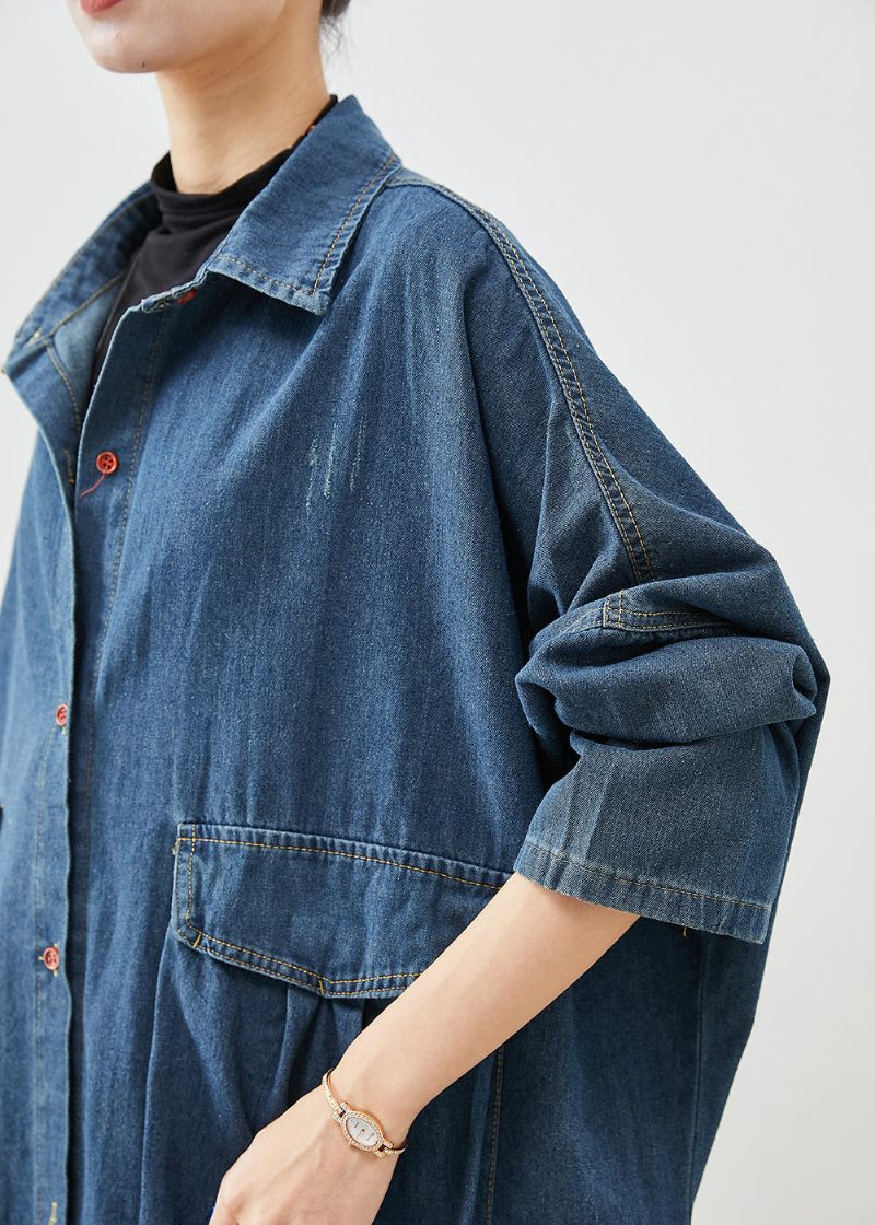 Casual Navy Overdimensionerede Store Lommer Denim Trench Fall - Dame trenchcoats