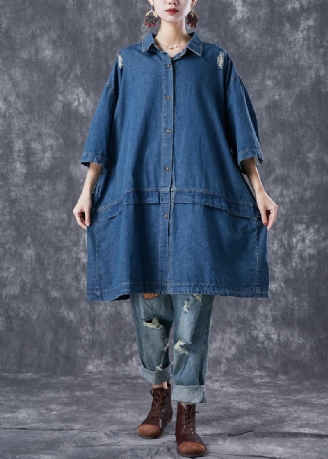 Casual Navy Oversized Patchwork Denim Ripped Trench Coats Armbånd Sleeve