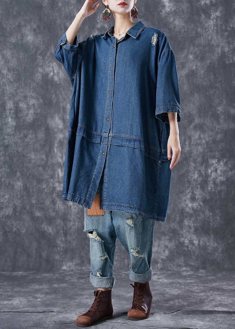 Casual Navy Oversized Patchwork Denim Ripped Trench Coats Armbånd Sleeve - Dame trenchcoats