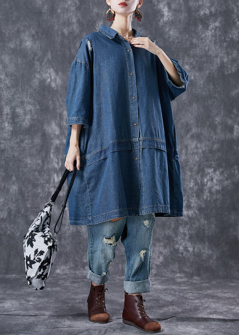 Casual Navy Oversized Patchwork Denim Ripped Trench Coats Armbånd Sleeve - Dame trenchcoats