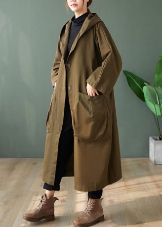 Casual Sorte Hættelommer Patchwork Bomuld Lange Trenchcoats Langærmede