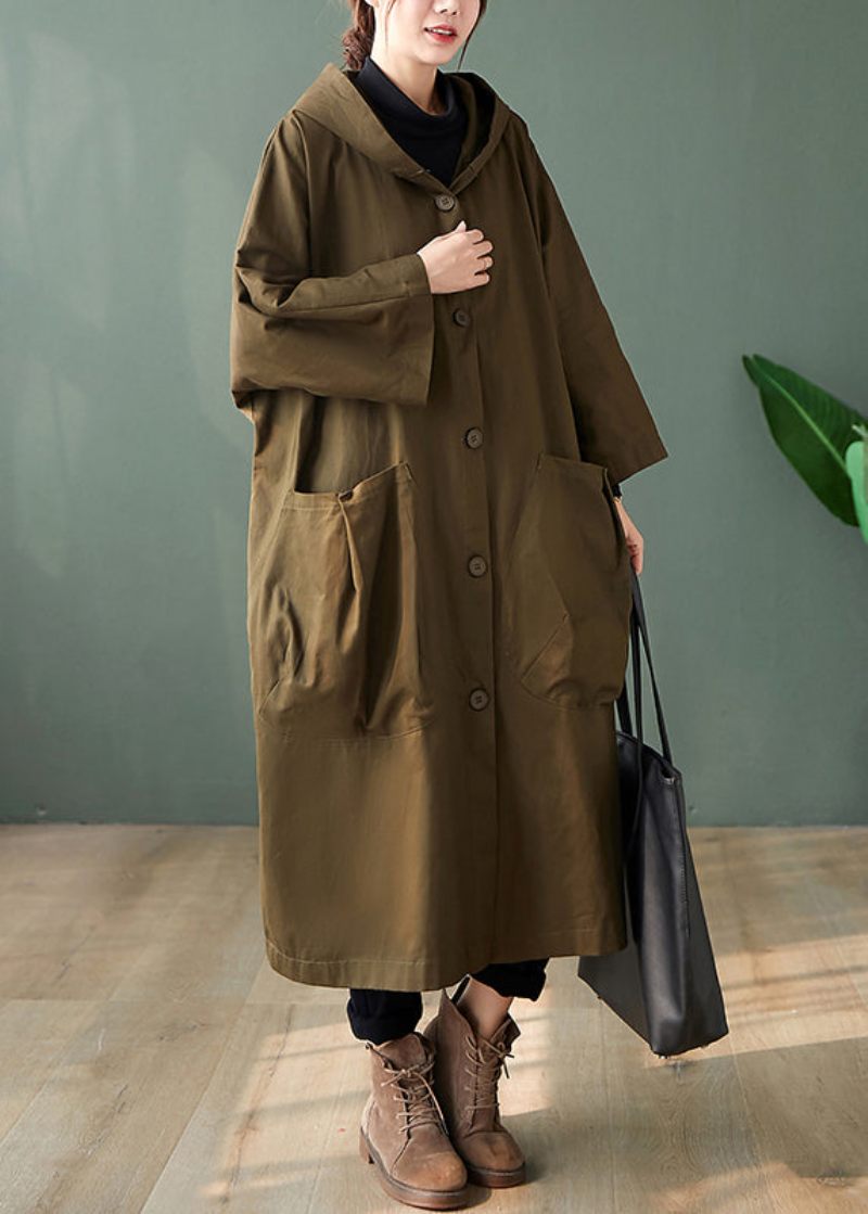 Casual Sorte Hættelommer Patchwork Bomuld Lange Trenchcoats Langærmede - Dame trenchcoats