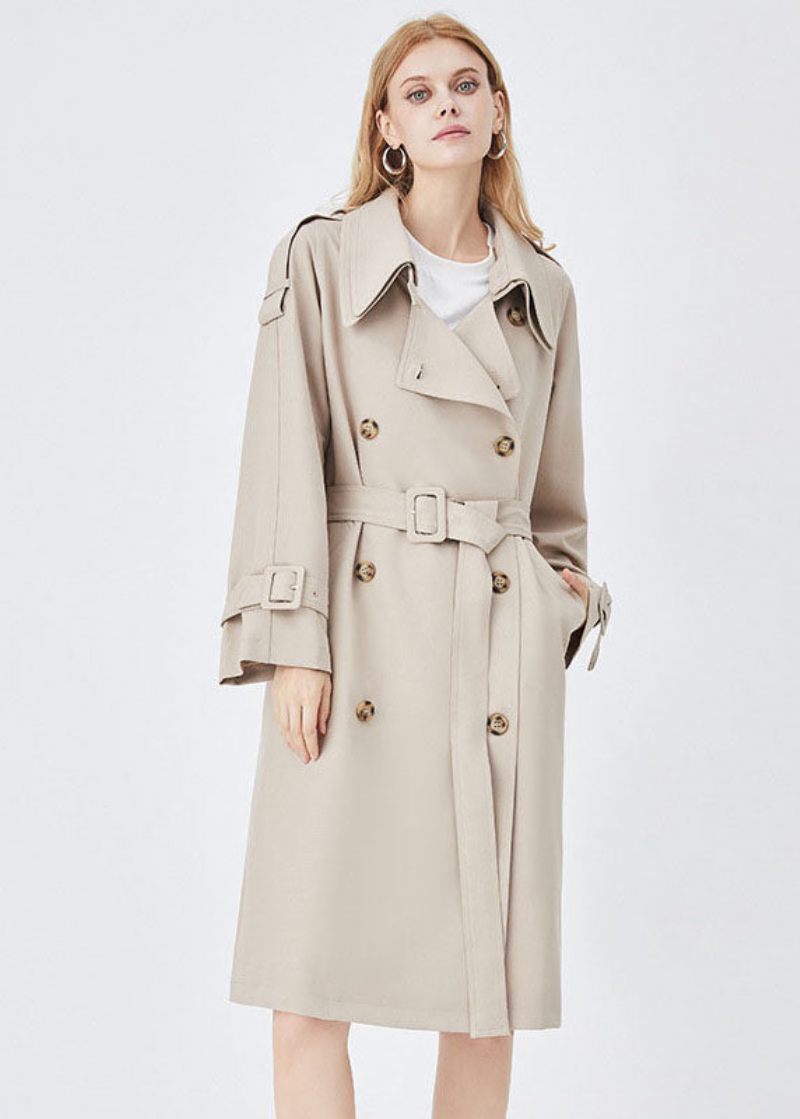 Chic Abrikos Dobbelt-lags Krave Dobbelt Bryst Bomuld Cinch Trench Spring