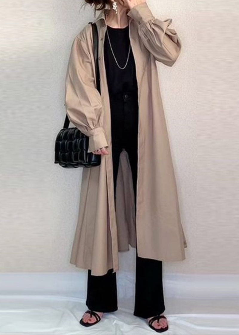 Chic Abrikos Peter Pan Krave Rynket Patchwork Bomuld Lang Skjorte Trench Spring - Dame trenchcoats