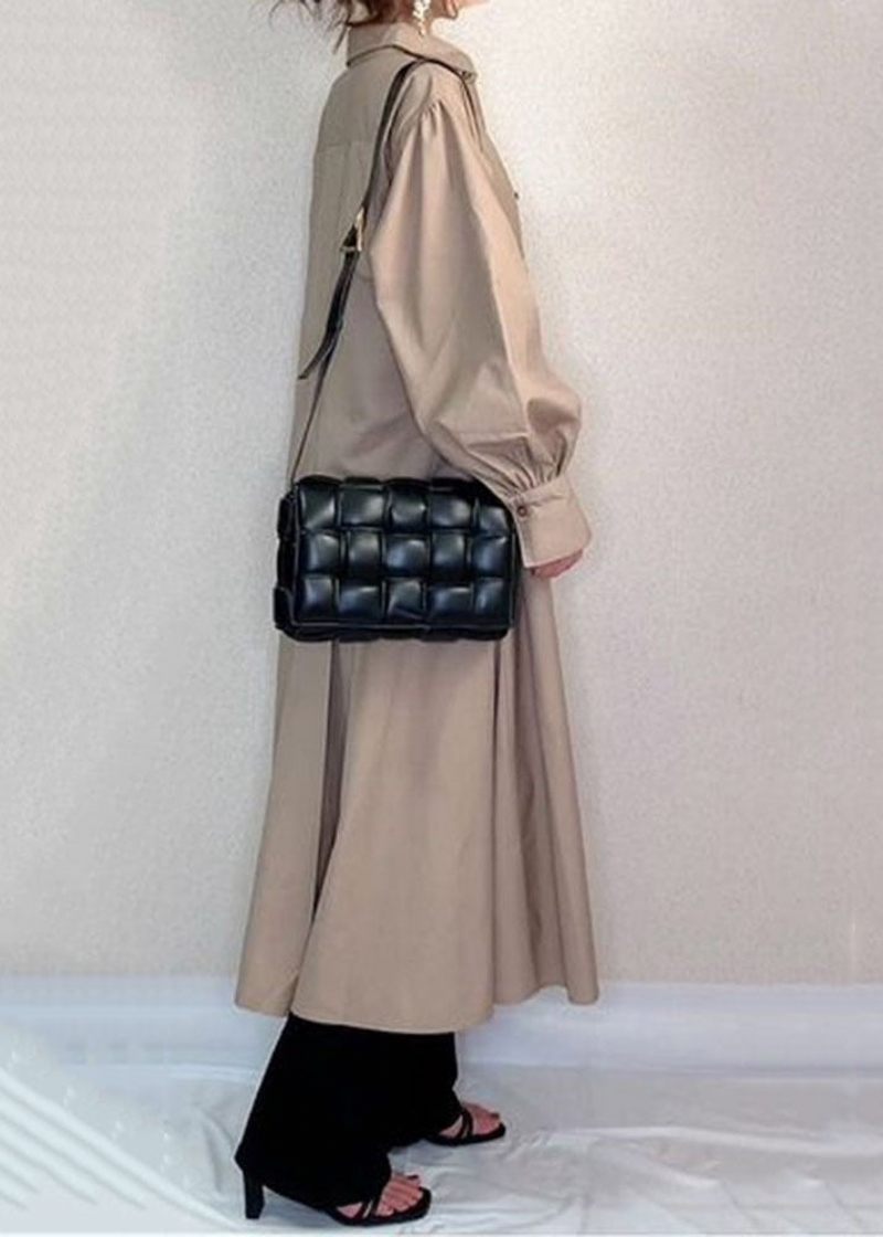 Chic Abrikos Peter Pan Krave Rynket Patchwork Bomuld Lang Skjorte Trench Spring - Dame trenchcoats