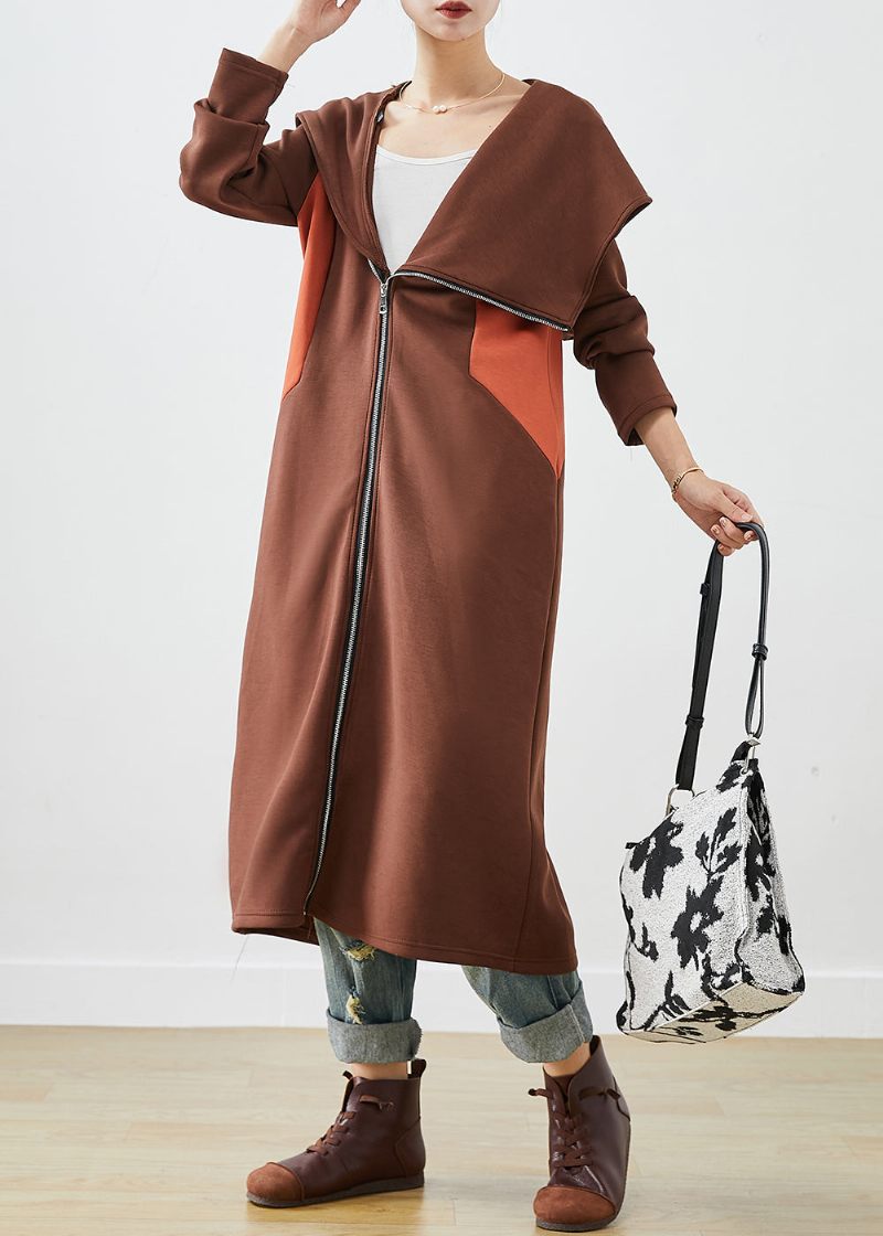 Chic Chokolade Hætte Asymmetrisk Patchwork Bomuld Frakke Fall - Dame trenchcoats