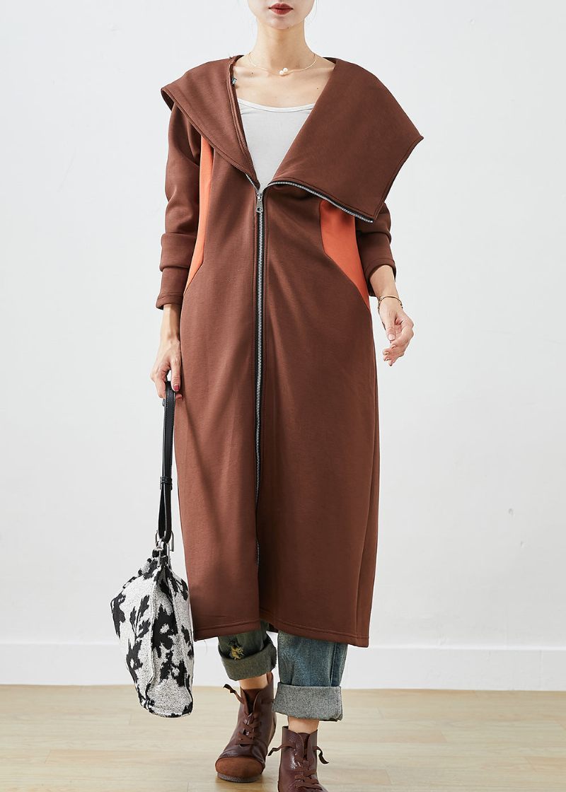 Chic Chokolade Hætte Asymmetrisk Patchwork Bomuld Frakke Fall - Dame trenchcoats