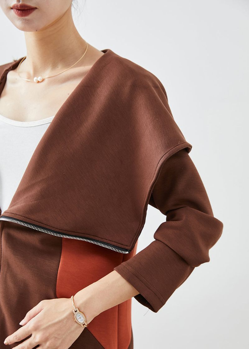 Chic Chokolade Hætte Asymmetrisk Patchwork Bomuld Frakke Fall - Dame trenchcoats