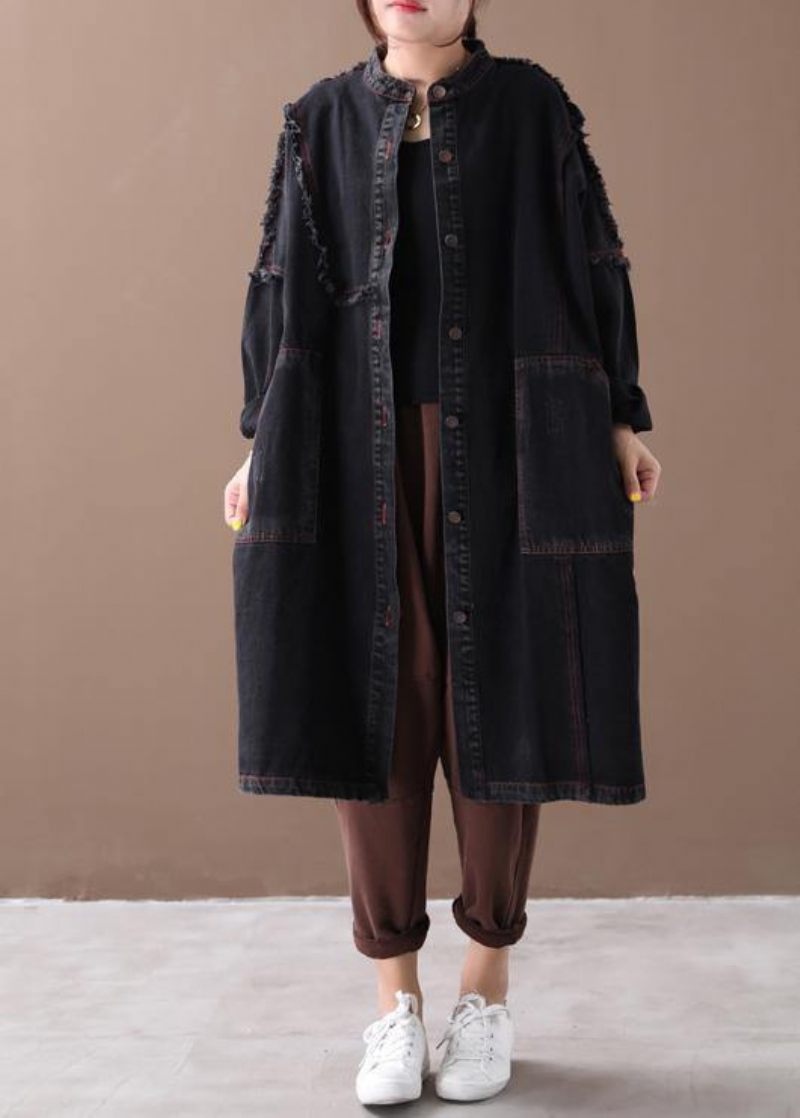 Chic Denim Sort Modefrakke Til Kvinde Tutorials Stand Krave Button Down Frakker - Dame trenchcoats