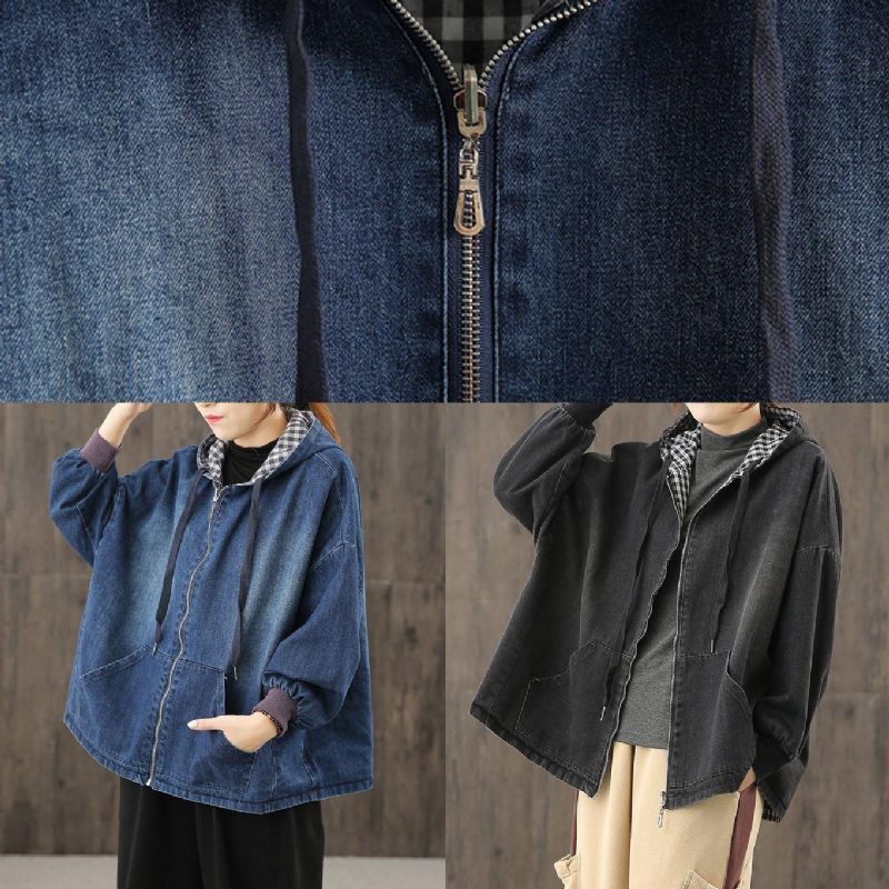 Chic Denim Sort Tøj Hættelommer Baggy Bluse - Dame trenchcoats