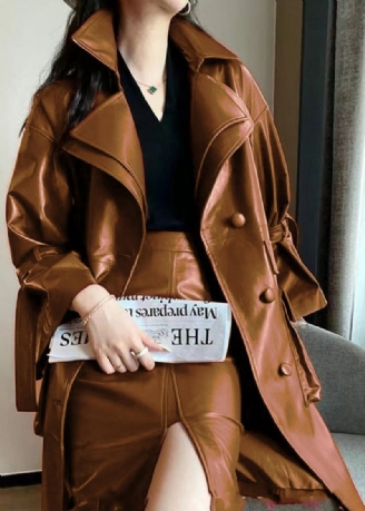 Chic Karamel Bindetaljelommer I Imiteret Læder Trench Coat Flare Sleeve