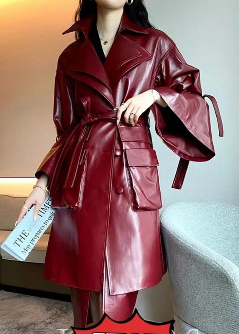 Chic Karamel Bindetaljelommer I Imiteret Læder Trench Coat Flare Sleeve - Dame trenchcoats