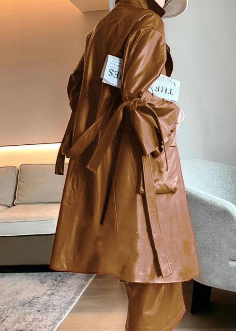 Chic Karamel Bindetaljelommer I Imiteret Læder Trench Coat Flare Sleeve - Dame trenchcoats