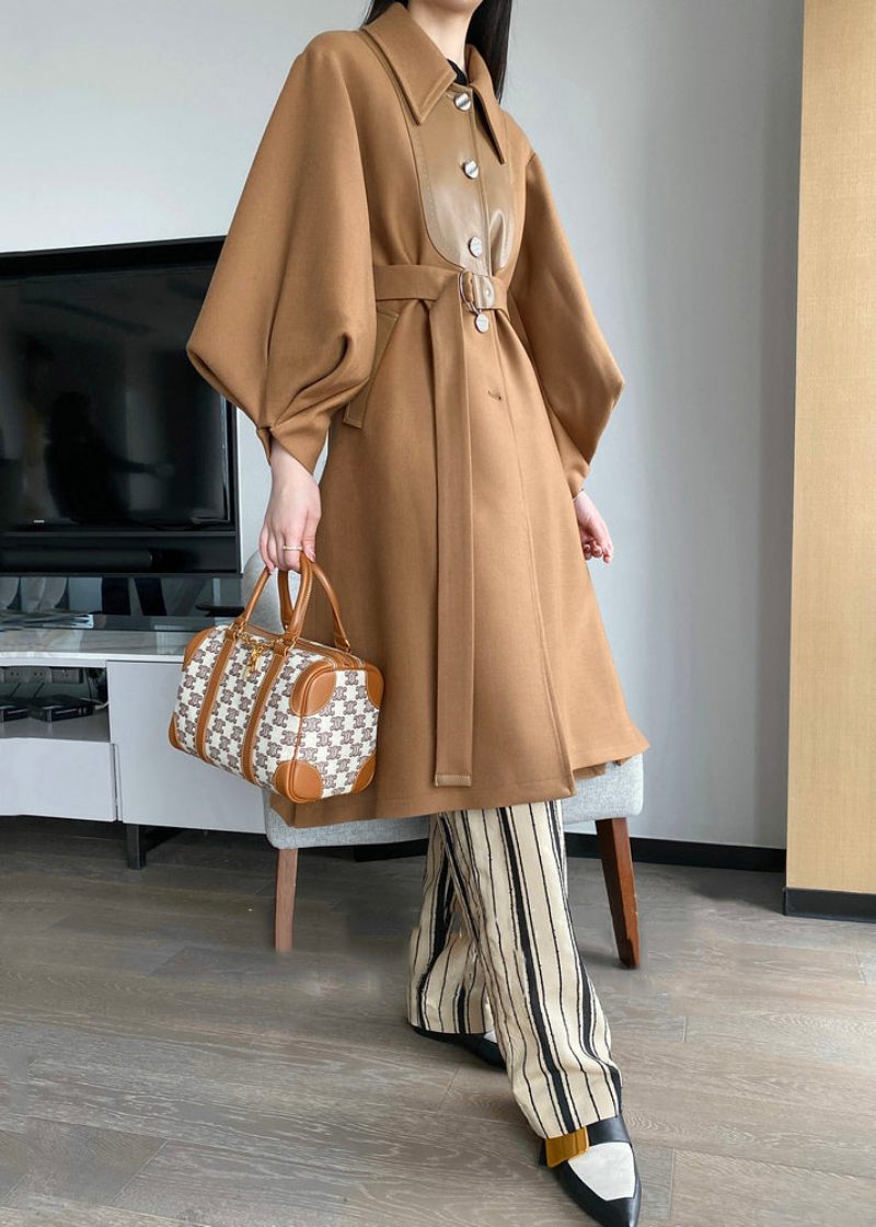 Chic Khaki Button Tie Talje Patchwork Uld Trench Coats Lantern Sleeve - Dame trenchcoats