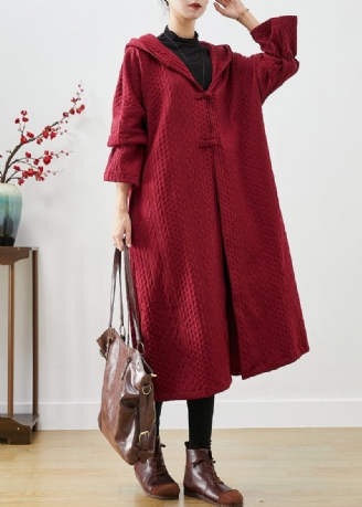 Chic Mulberry Hooded Kinesisk Knap Bomuld Trench Coat Fall