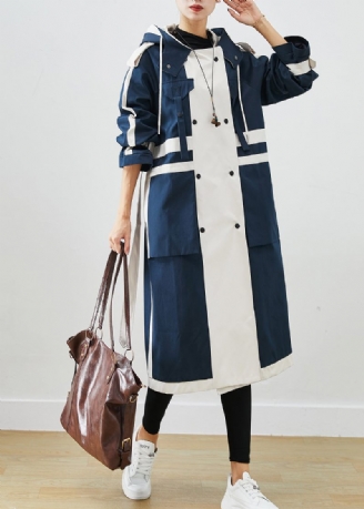 Chic Navy Oversized Patchwork Original Design Bomuld Trench Coats Efterår