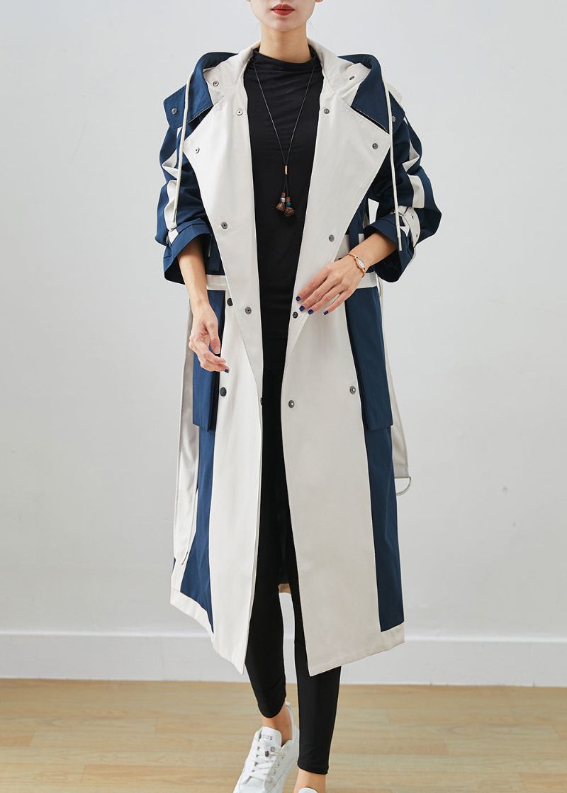 Chic Navy Oversized Patchwork Original Design Bomuld Trench Coats Efterår - Dame trenchcoats