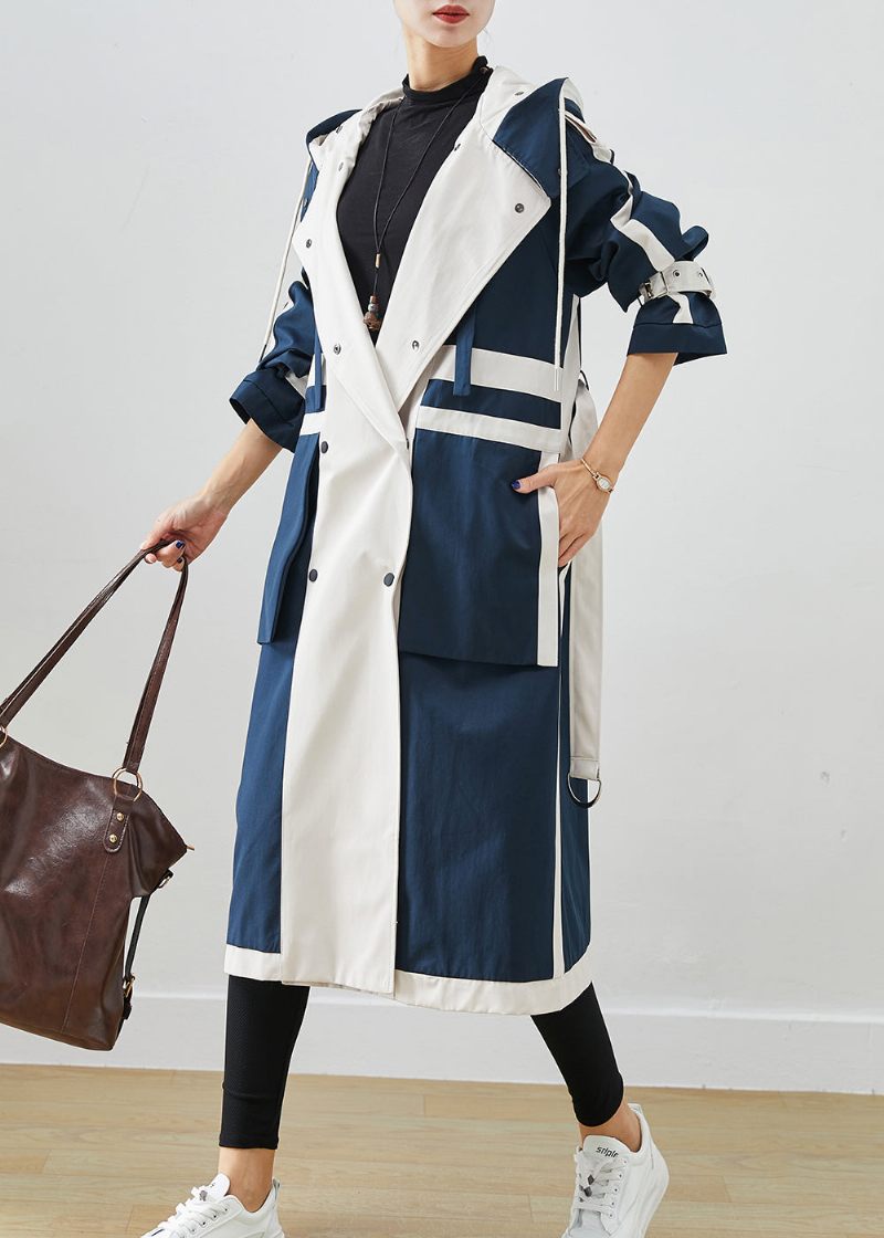 Chic Navy Oversized Patchwork Original Design Bomuld Trench Coats Efterår - Dame trenchcoats