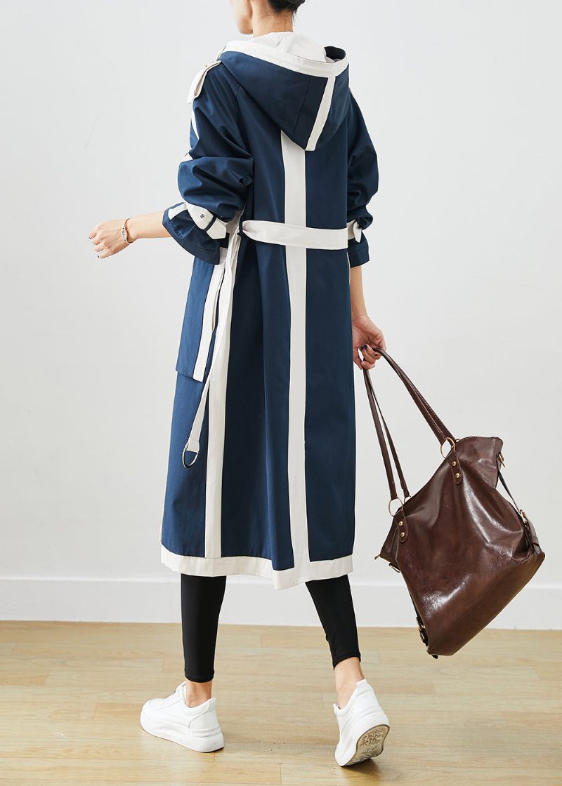 Chic Navy Oversized Patchwork Original Design Bomuld Trench Coats Efterår - Dame trenchcoats