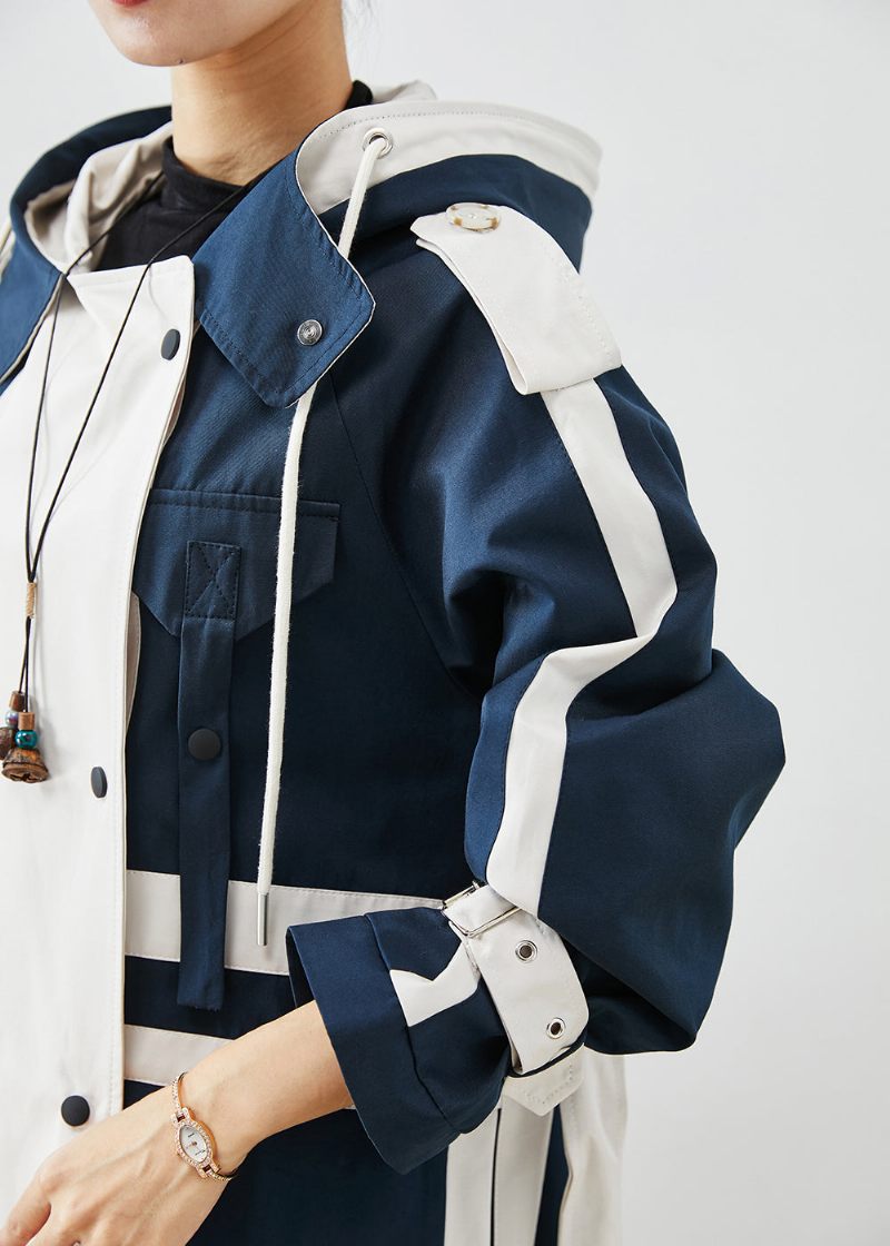 Chic Navy Oversized Patchwork Original Design Bomuld Trench Coats Efterår - Dame trenchcoats