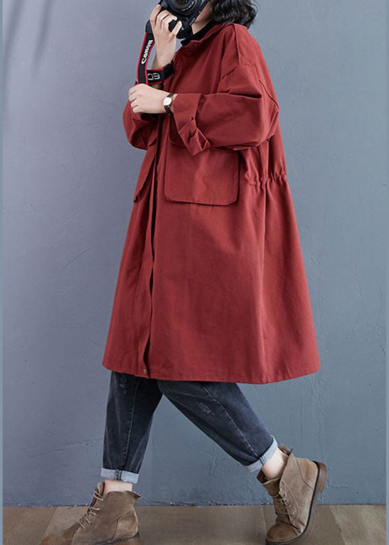 Chic Rød Stand Krave Lynlås Lommer Fall Langærmede Trenchcoats - Dame trenchcoats