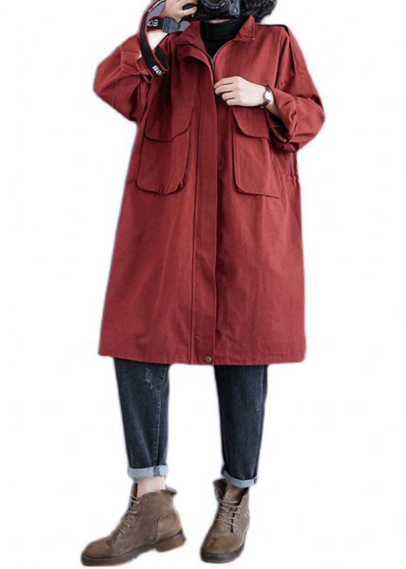 Chic Rød Stand Krave Lynlås Lommer Fall Langærmede Trenchcoats - Dame trenchcoats