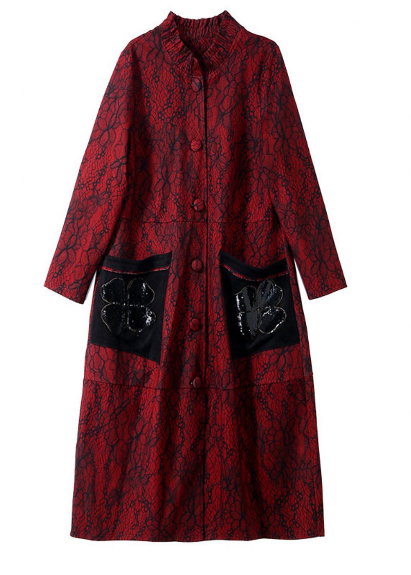 Chic Rød Stand Krave Print Lange Trench Coats Forår - Rød