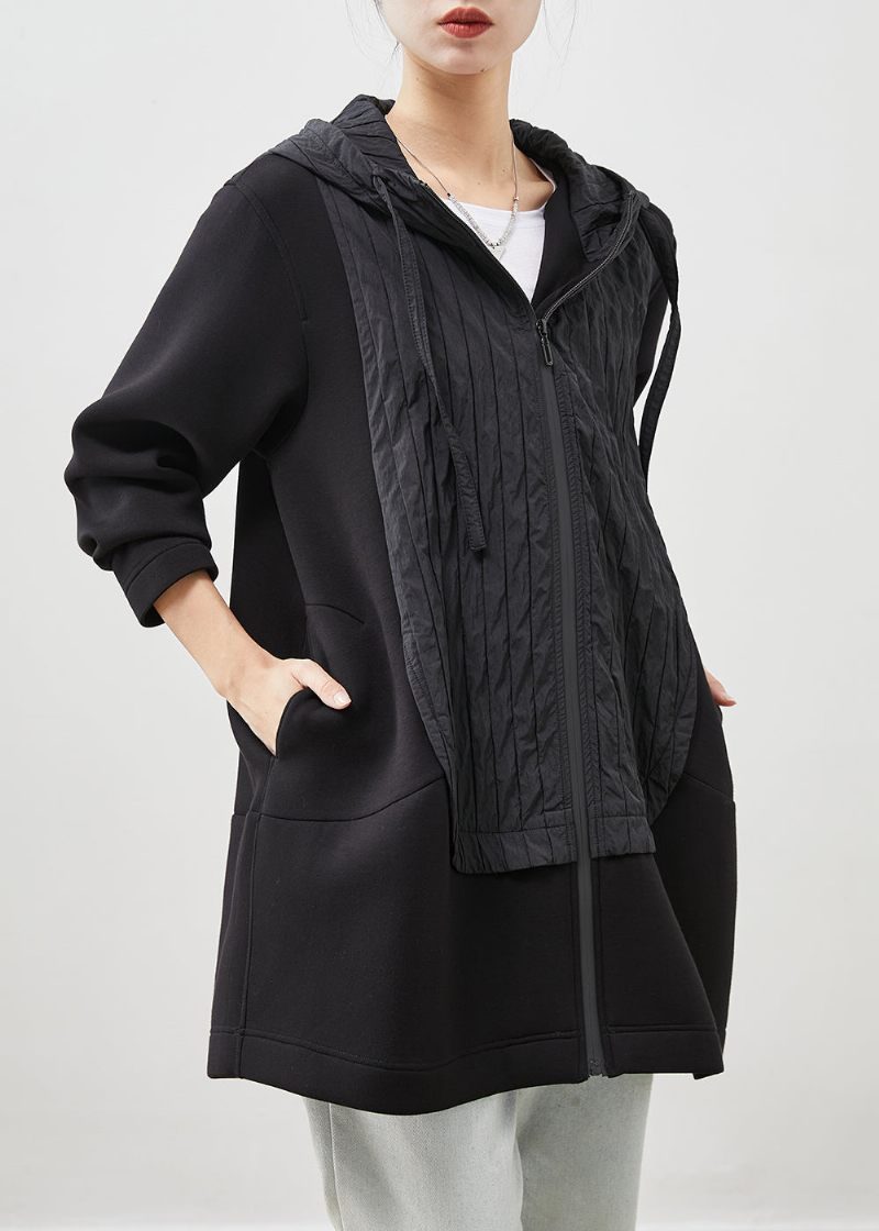 Chic Sort Hætte Patchwork Bomuldsfrakke Outwear Spring - Dame trenchcoats