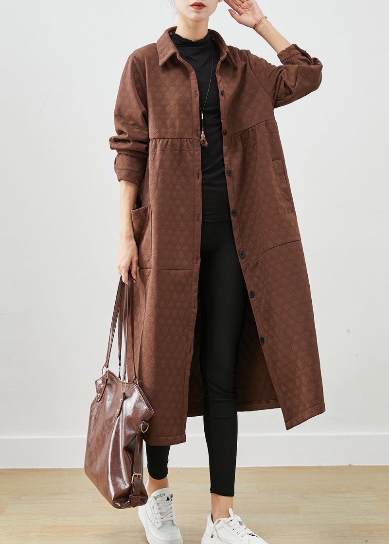 Chokolade Patchwork Bomuld Trench Coats Overdimensionerede Lommer Falder