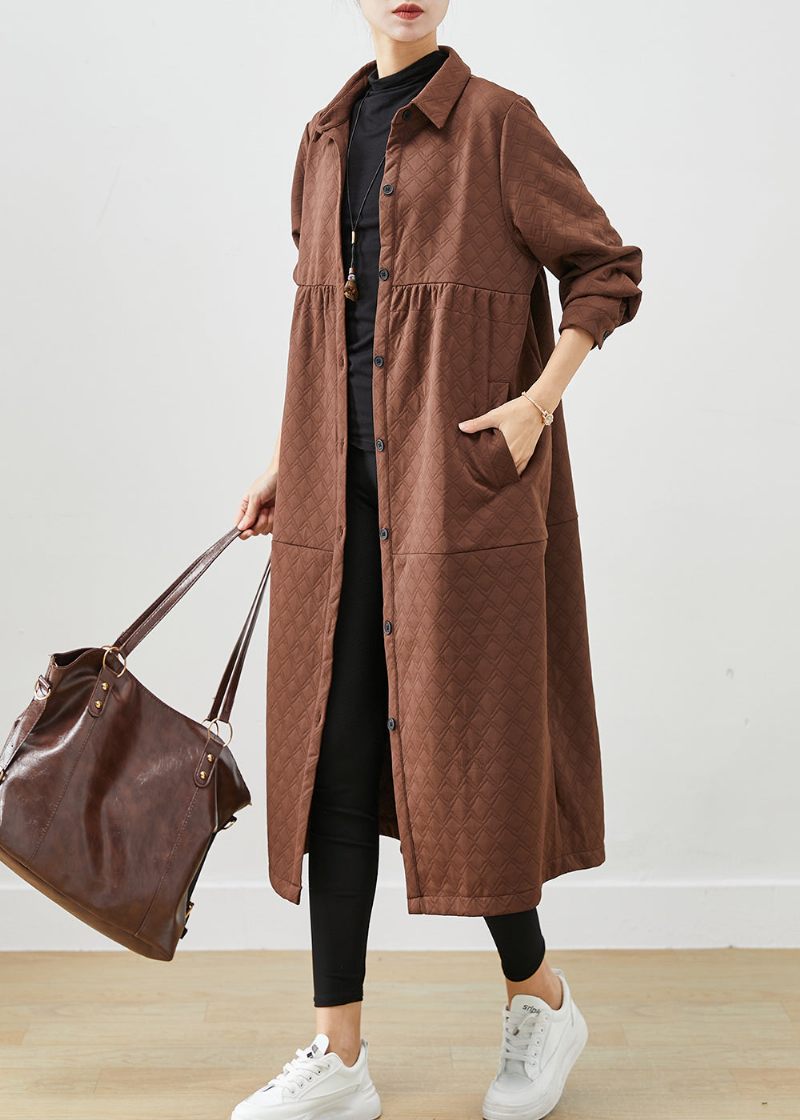 Chokolade Patchwork Bomuld Trench Coats Overdimensionerede Lommer Falder - Dame trenchcoats