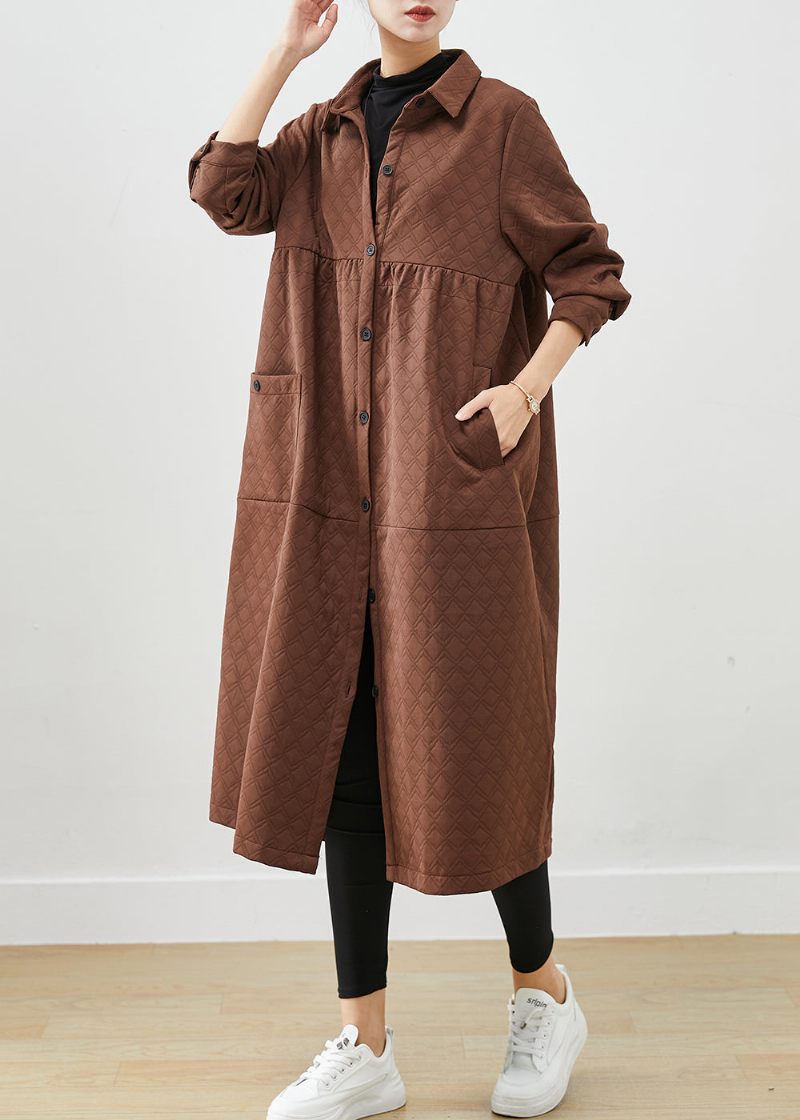 Chokolade Patchwork Bomuld Trench Coats Overdimensionerede Lommer Falder - Dame trenchcoats