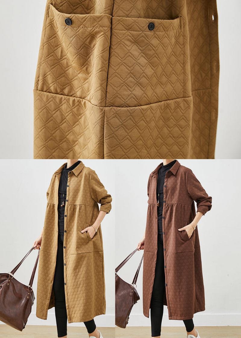 Chokolade Patchwork Bomuld Trench Coats Overdimensionerede Lommer Falder - Dame trenchcoats