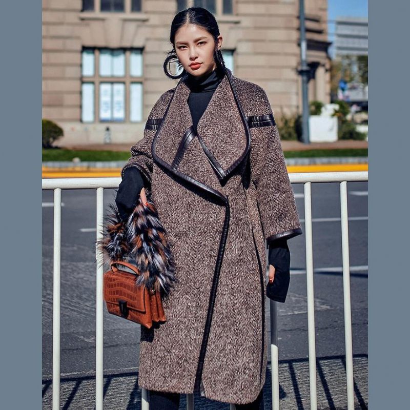 Chokolade Wool Coat Plus Size Lang Frakke Fashion Batwing Sleeve Maxi