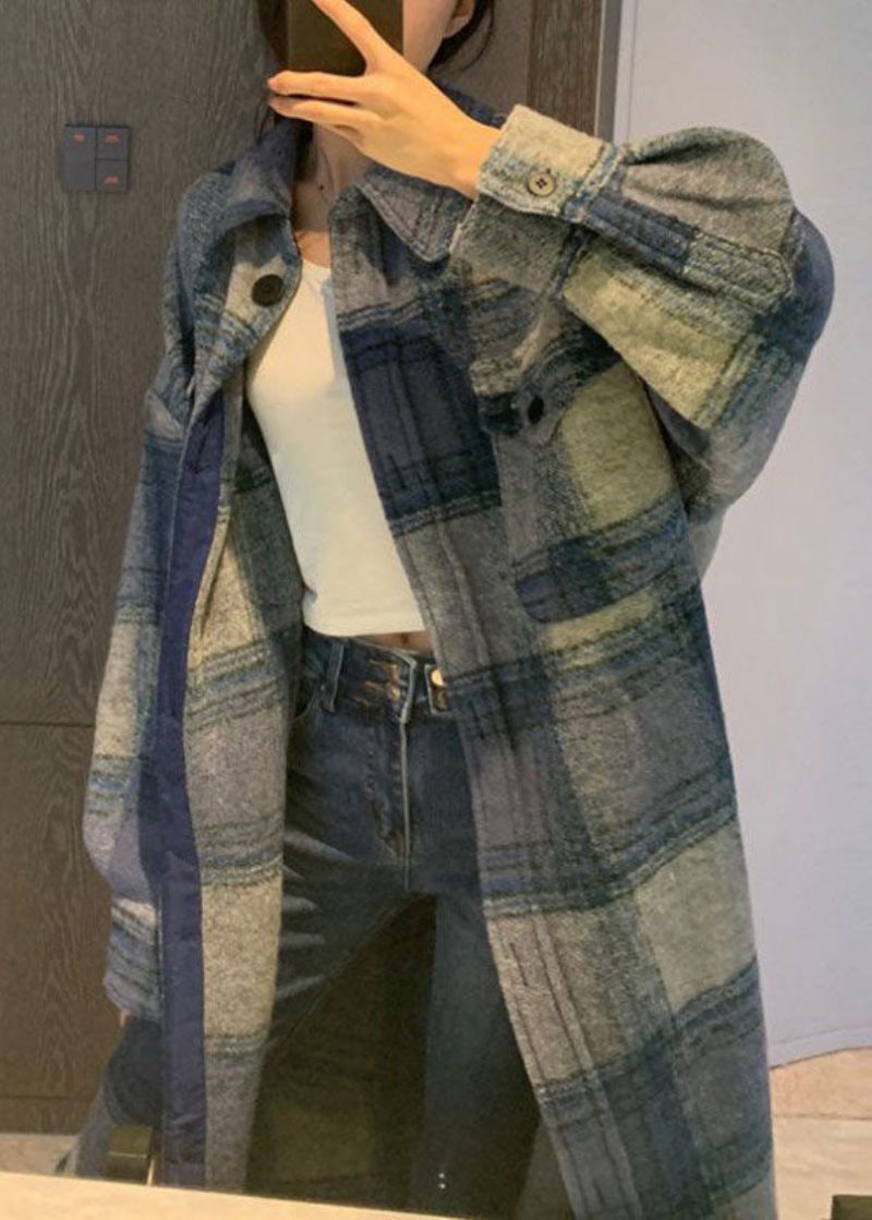 Club Grey Blue Plaid Button Side Open Fall Woolen Langærmet Trench