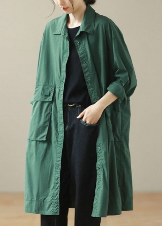 Diy Blackish Green Oversized Lommer Bomuld Trench Coat Fall