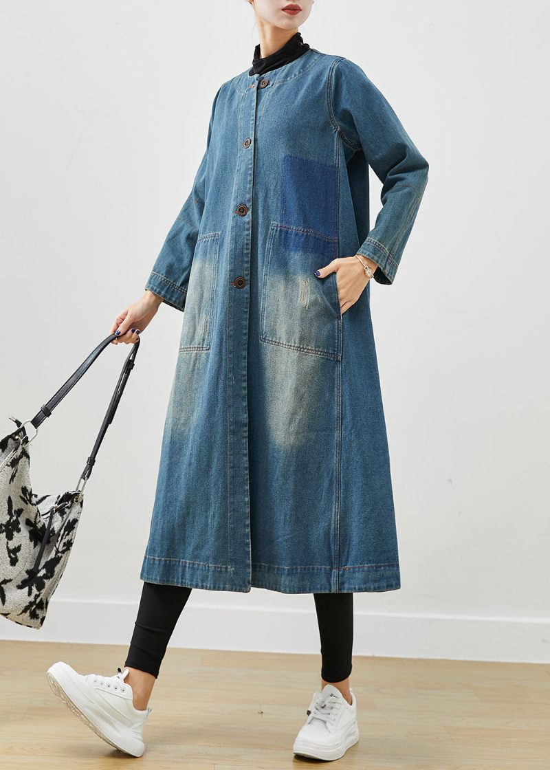 Diy Denim Blå O-hals Lommer Bomuld Trench Coat Fall