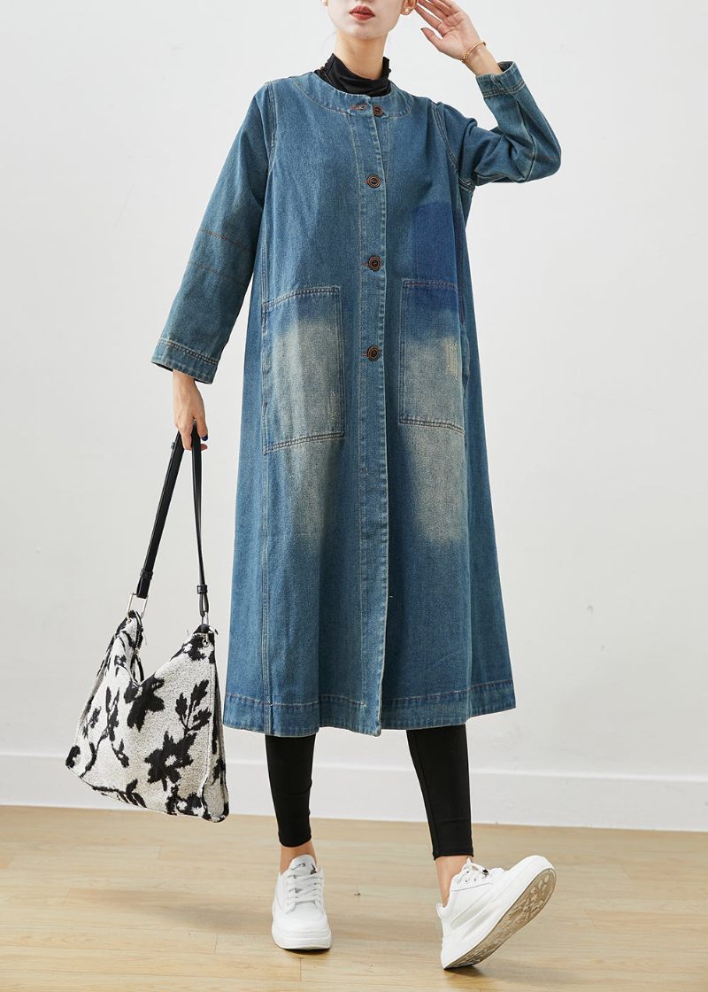 Diy Denim Blå O-hals Lommer Bomuld Trench Coat Fall - Dame trenchcoats