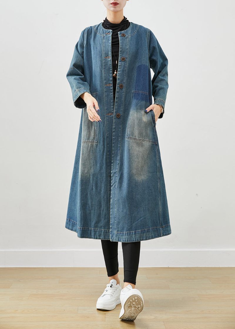 Diy Denim Blå O-hals Lommer Bomuld Trench Coat Fall - Dame trenchcoats