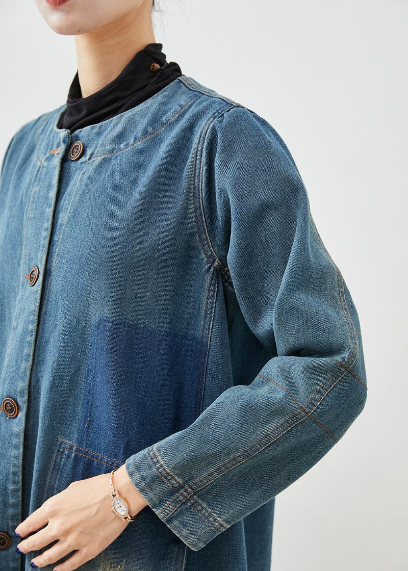 Diy Denim Blå O-hals Lommer Bomuld Trench Coat Fall - Dame trenchcoats