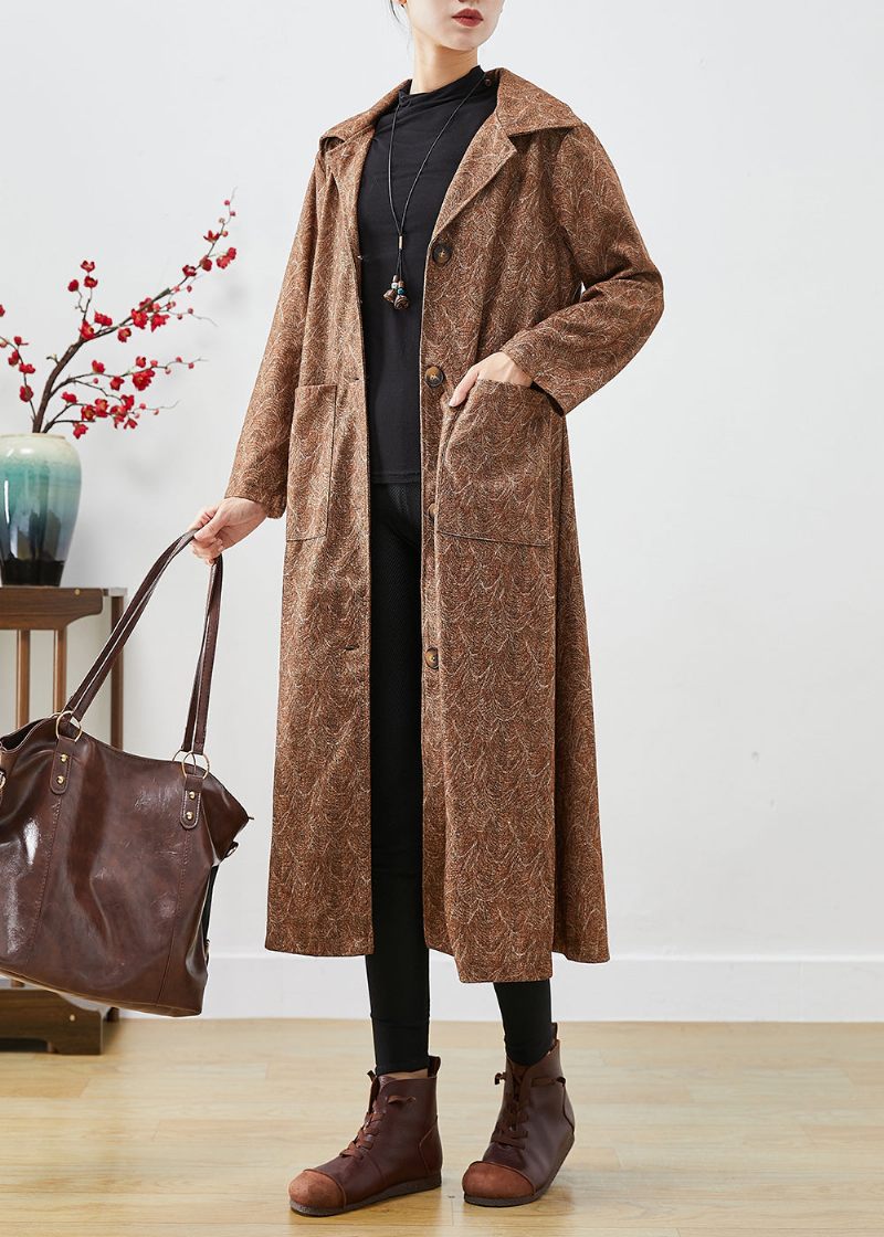 Diy Khaki Oversized Print Bomuld Trench Coats Efterår - Dame trenchcoats