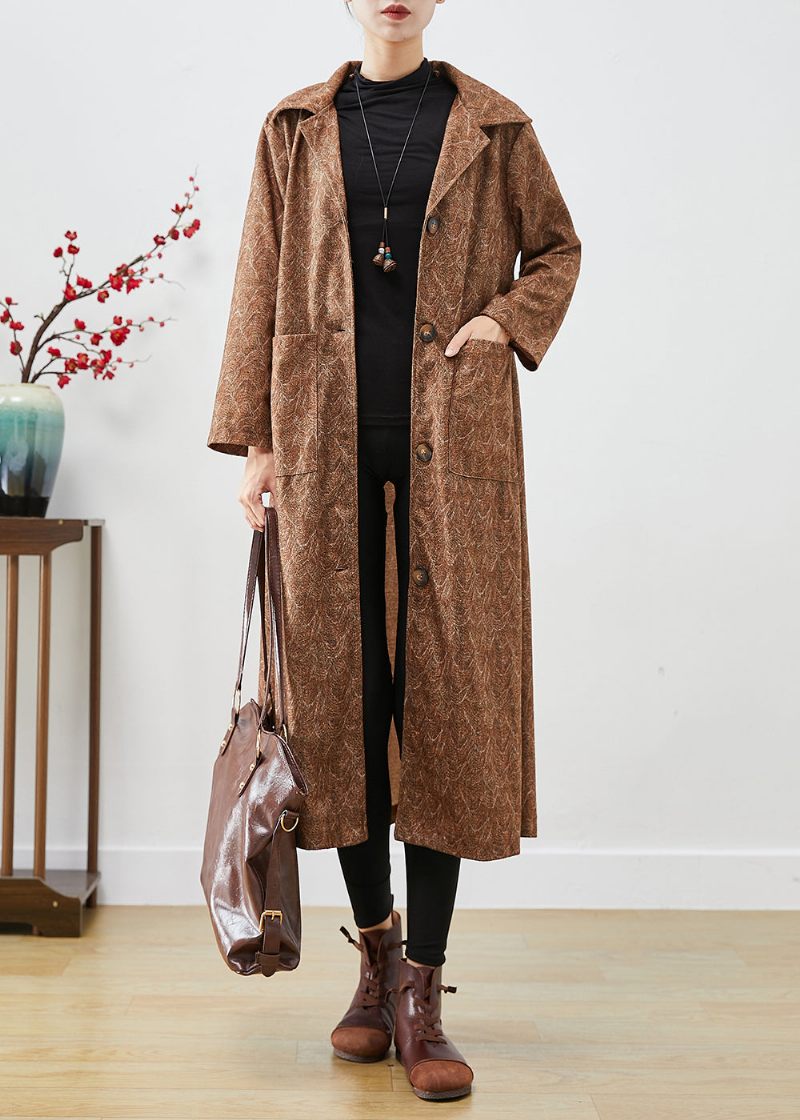 Diy Khaki Oversized Print Bomuld Trench Coats Efterår - Dame trenchcoats